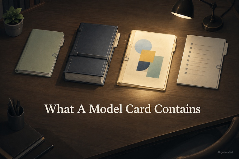 : AI generated image - a shipping tag on a wooden crate, illustrating what a model card contains