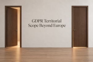 AI generated image - two doors in a plain wall opening into the same room, illustrating the two routes of GDPR territorial scope