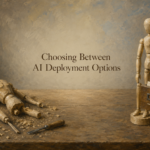 AI generated image - one wooden mannequin being carved and another consulting a card index, illustrating AI deployment options