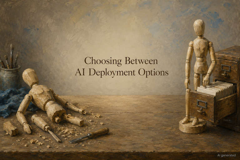 AI generated image - one wooden mannequin being carved and another consulting a card index, illustrating AI deployment options
