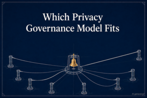 AI generated image - one bell connected by cords of differing lengths to nine posts, illustrating the privacy governance model accessibility condition