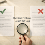 A magnifying glass focused between two documents, illustrating how transparency scenario questions test application rather than recall.