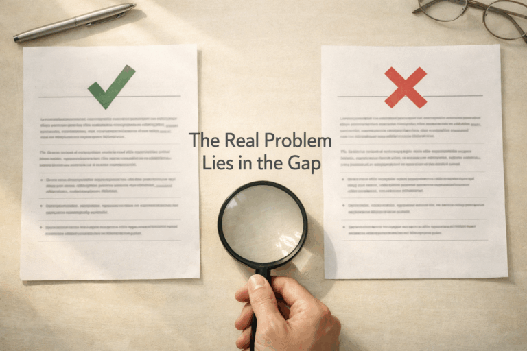 A magnifying glass focused between two documents, illustrating how transparency scenario questions test application rather than recall.