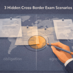 Illustration of overlapping legal frameworks on a world map representing cross-border exam scenarios for IAPP certification candidates.