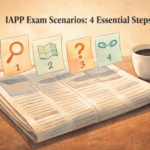 Four sticky notes rising from an open newspaper, each representing a step in the IAPP exam scenarios study method.