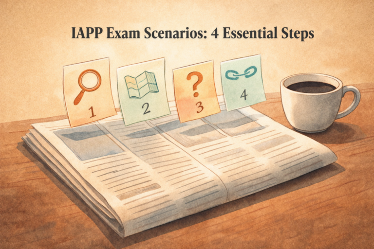 Four sticky notes rising from an open newspaper, each representing a step in the IAPP exam scenarios study method.