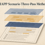 Editorial illustration of an exam paper with three transparent overlays representing the IAPP scenario question three-pass reading method