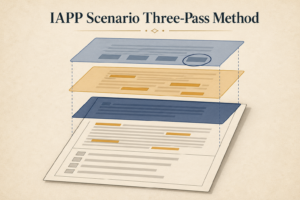 Editorial illustration of an exam paper with three transparent overlays representing the IAPP scenario question three-pass reading method