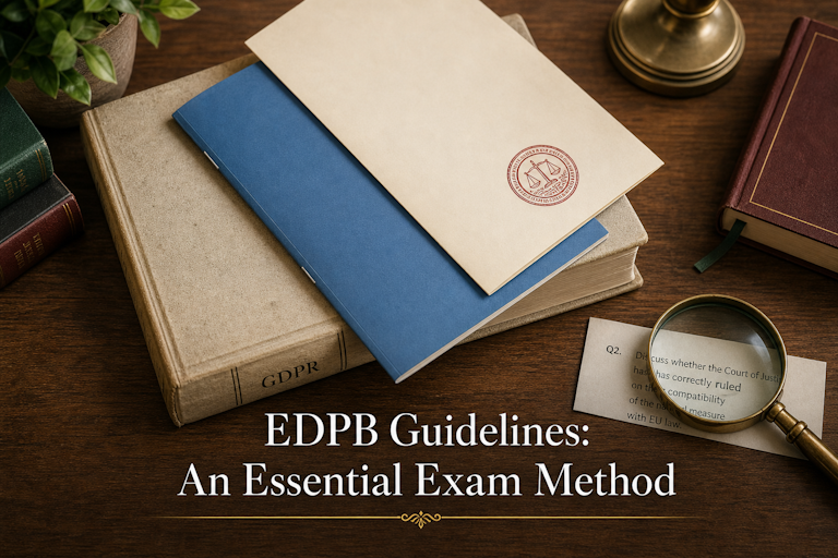 Stacked legal documents on a study desk with a magnifying glass over an exam question, illustrating how to read EDPB guidelines, GDPR text and CJEU rulings on IAPP exams.