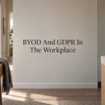 AI generated image - BYOD and GDPR in the workplace, a home shelf and an office shelf either side of an empty wall