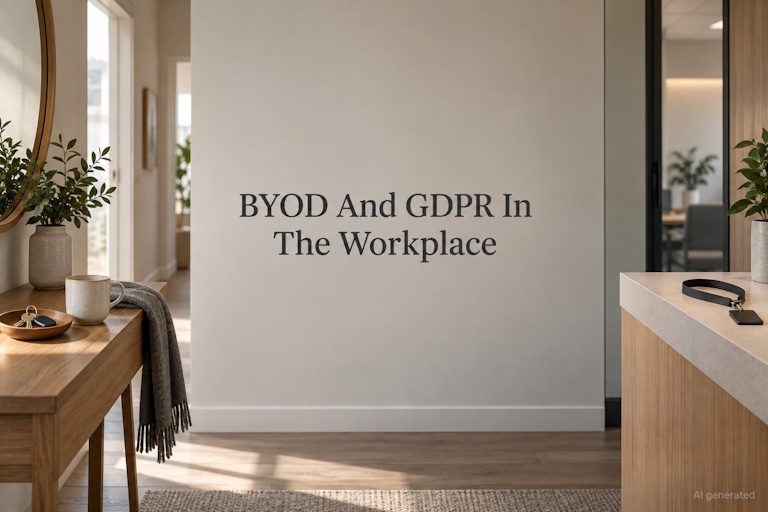 AI generated image - BYOD and GDPR in the workplace, a home shelf and an office shelf either side of an empty wall