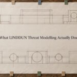 AI generated image - LINDDUN threat modelling shown as a technical drawing with marker tabs clipped to it