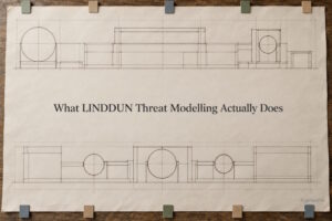 AI generated image - LINDDUN threat modelling shown as a technical drawing with marker tabs clipped to it