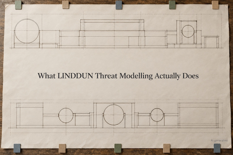 AI generated image - LINDDUN threat modelling shown as a technical drawing with marker tabs clipped to it