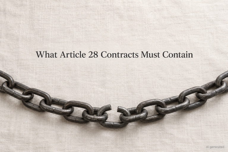 AI generated image - what Article 28 contracts must contain, a fitted box with one tenon missing from its socket