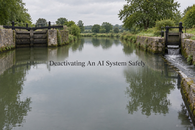 AI generated image - deactivating an AI system safely, closed lock gates beside a partly raised side sluice