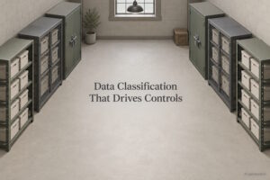 AI generated image - data classification that drives controls, storeroom bays enclosed three different ways