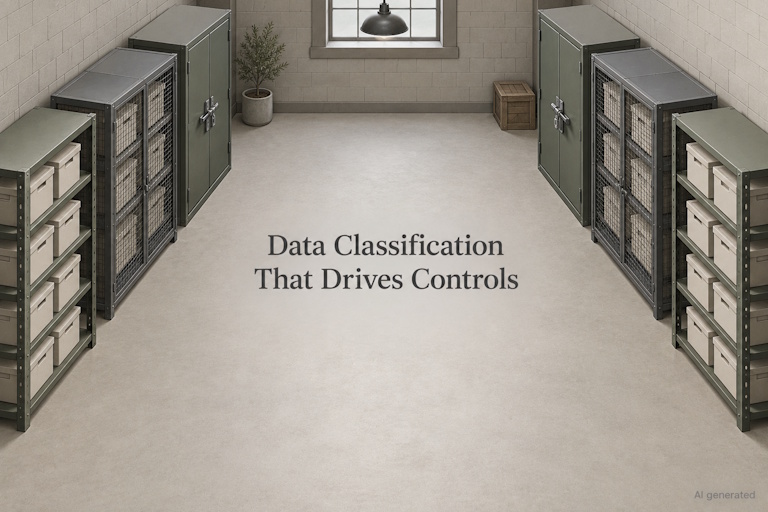 AI generated image - data classification that drives controls, storeroom bays enclosed three different ways