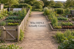 AI generated image - who HIPAA actually covers, two identical allotment plots, one fenced and one unfenced