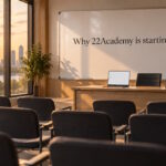 AI generated image - an empty training room with an open laptop at the front, illustrating 22Academy version 2