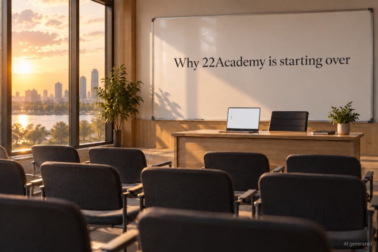 AI generated image - an empty training room with an open laptop at the front, illustrating 22Academy version 2