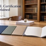 AI generated image - AISL certification draft: four document folders on a law library table, one open and blank