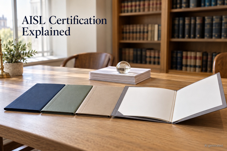 AI generated image - AISL certification draft: four document folders on a law library table, one open and blank