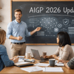 Teacher explaining the AIGP 2026 update to a small study group in an informal learning setting