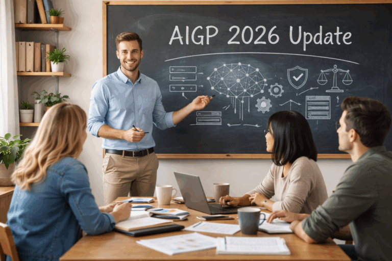 Teacher explaining the AIGP 2026 update to a small study group in an informal learning setting
