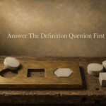 AI generated image - a brass sorting plate with stones, one seated in its aperture and one left on the wrong one, illustrating why you answer the definition question first.