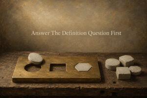 AI generated image - a brass sorting plate with stones, one seated in its aperture and one left on the wrong one, illustrating why you answer the definition question first.