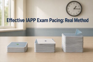 Editorial photo on IAPP exam pacing and the three-pile method with title overlaid.