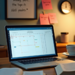 Laptop displaying a study planner with books, sticky notes, and a clock on a well-organised desk, representing effective study time management.