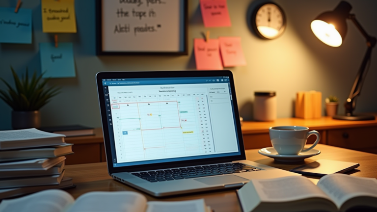 Laptop displaying a study planner with books, sticky notes, and a clock on a well-organised desk, representing effective study time management.