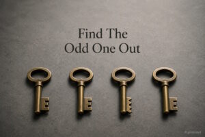 AI generated image - four brass keys with one cut differently, illustrating how to find the odd one out in negative exam questions.