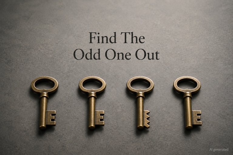 AI generated image - four brass keys with one cut differently, illustrating how to find the odd one out in negative exam questions.