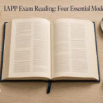 Editorial top-down illustration of an open law book with four different reading instruments around it, representing the four IAPP exam reading modes.