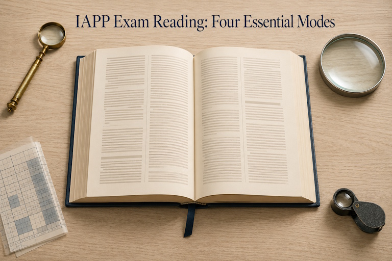 Editorial top-down illustration of an open law book with four different reading instruments around it, representing the four IAPP exam reading modes.