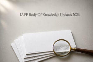 AI generated image - a document footer stamp under a magnifier, illustrating how to check the IAPP body of knowledge version
