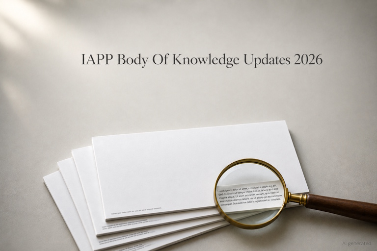 AI generated image - a document footer stamp under a magnifier, illustrating how to check the IAPP body of knowledge version
