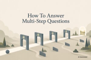 AI generated image - a single path running through a series of gates set one after another, with tempting side openings that lead nowhere, illustrating how to answer multi-step questions by clearing each gate in order.