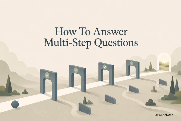 AI generated image - a single path running through a series of gates set one after another, with tempting side openings that lead nowhere, illustrating how to answer multi-step questions by clearing each gate in order.