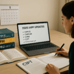 Candidate studying for the 2025 IAPP updates with certification materials