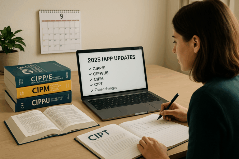 Candidate studying for the 2025 IAPP updates with certification materials