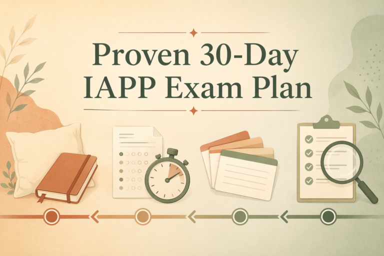 Timeline illustration showing four phases of a 30-day IAPP exam revision schedule: audit, recall, simulate and wind down.
