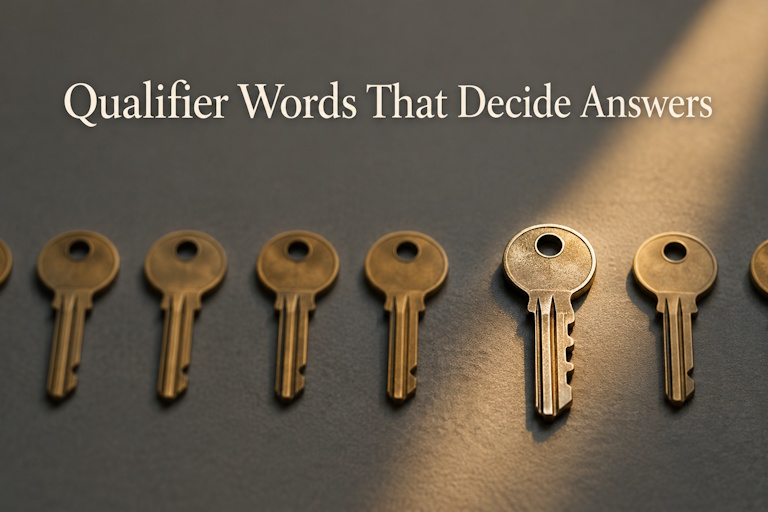 A row of near-identical keys with one different key in focus, illustrating qualifier words that decide exam answers.