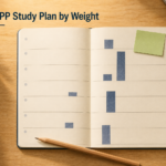 Week-planner showing study blocks of dramatically different heights, illustrating an IAPP study plan weighted by exam question count.