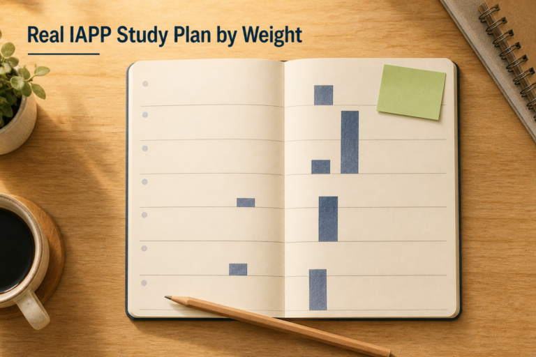 Week-planner showing study blocks of dramatically different heights, illustrating an IAPP study plan weighted by exam question count.