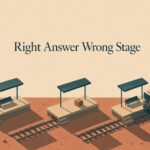AI generated image - an isometric railway line with three platforms and a parcel on the wrong one, illustrating a right answer at the wrong stage.