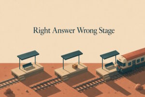 AI generated image - an isometric railway line with three platforms and a parcel on the wrong one, illustrating a right answer at the wrong stage.